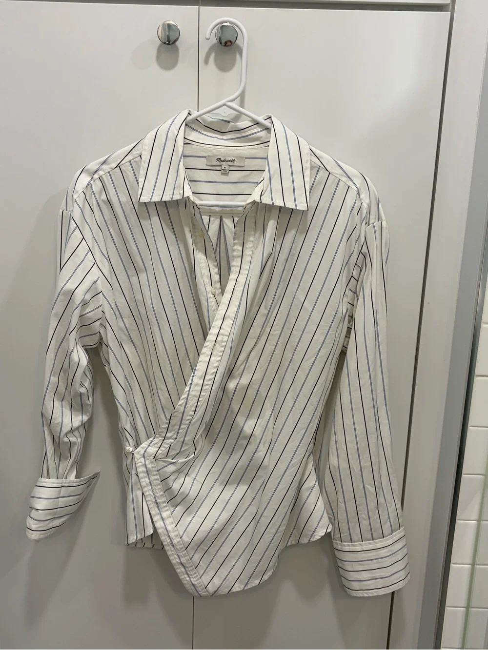 Madewell White Shirt with Navy Pinstripes Wrap Detail - Picture 2 of 6